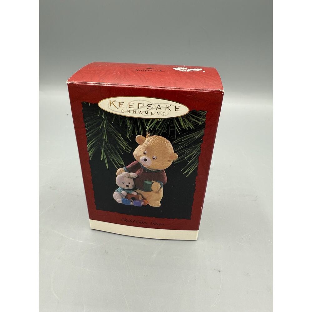 Hallmark Keepsake 1996 Child Care Giver Ornament Bear w/ Baby Blocks & Box